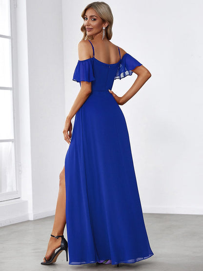 ever REYA|Off Shoulder High Slit Chiffon Flowy Bridesmaid Dress