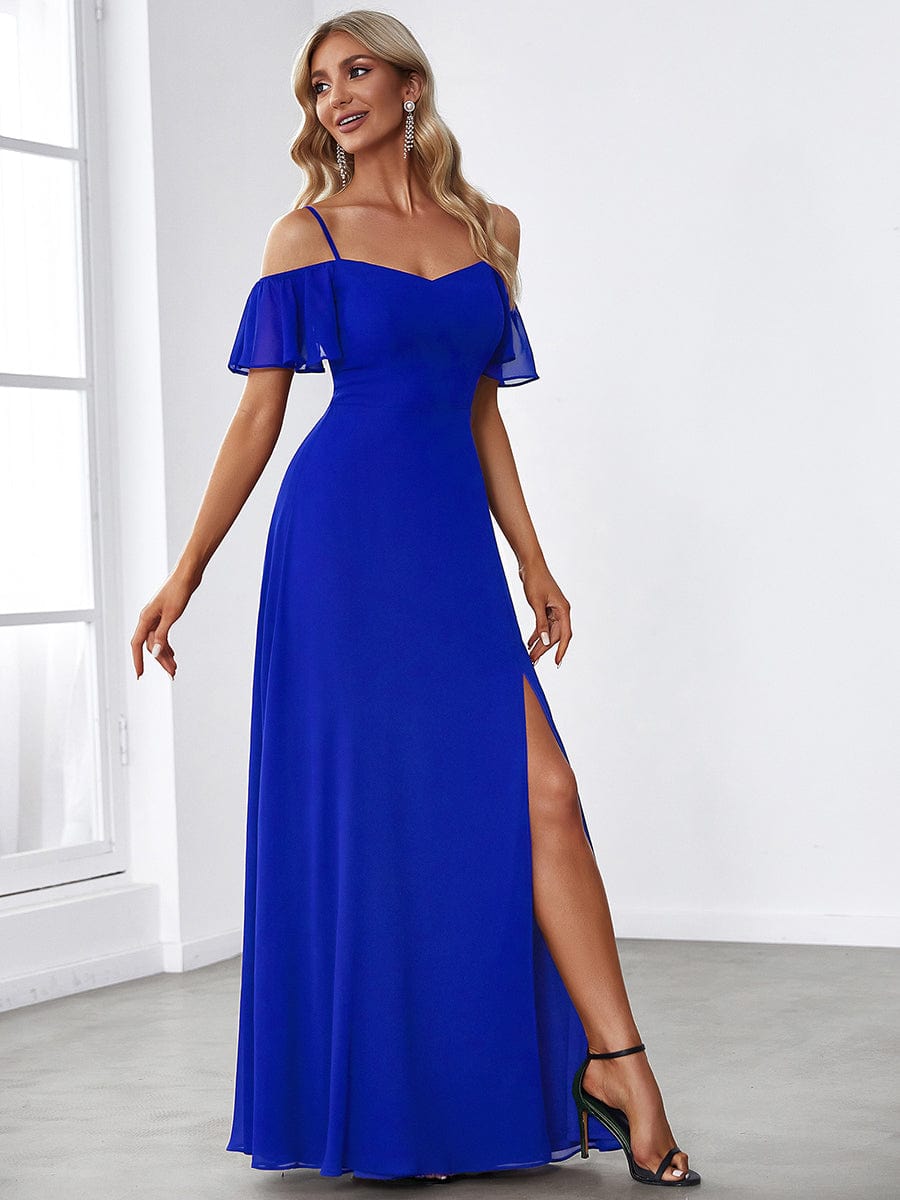 ever REYA|Off Shoulder High Slit Chiffon Flowy Bridesmaid Dress