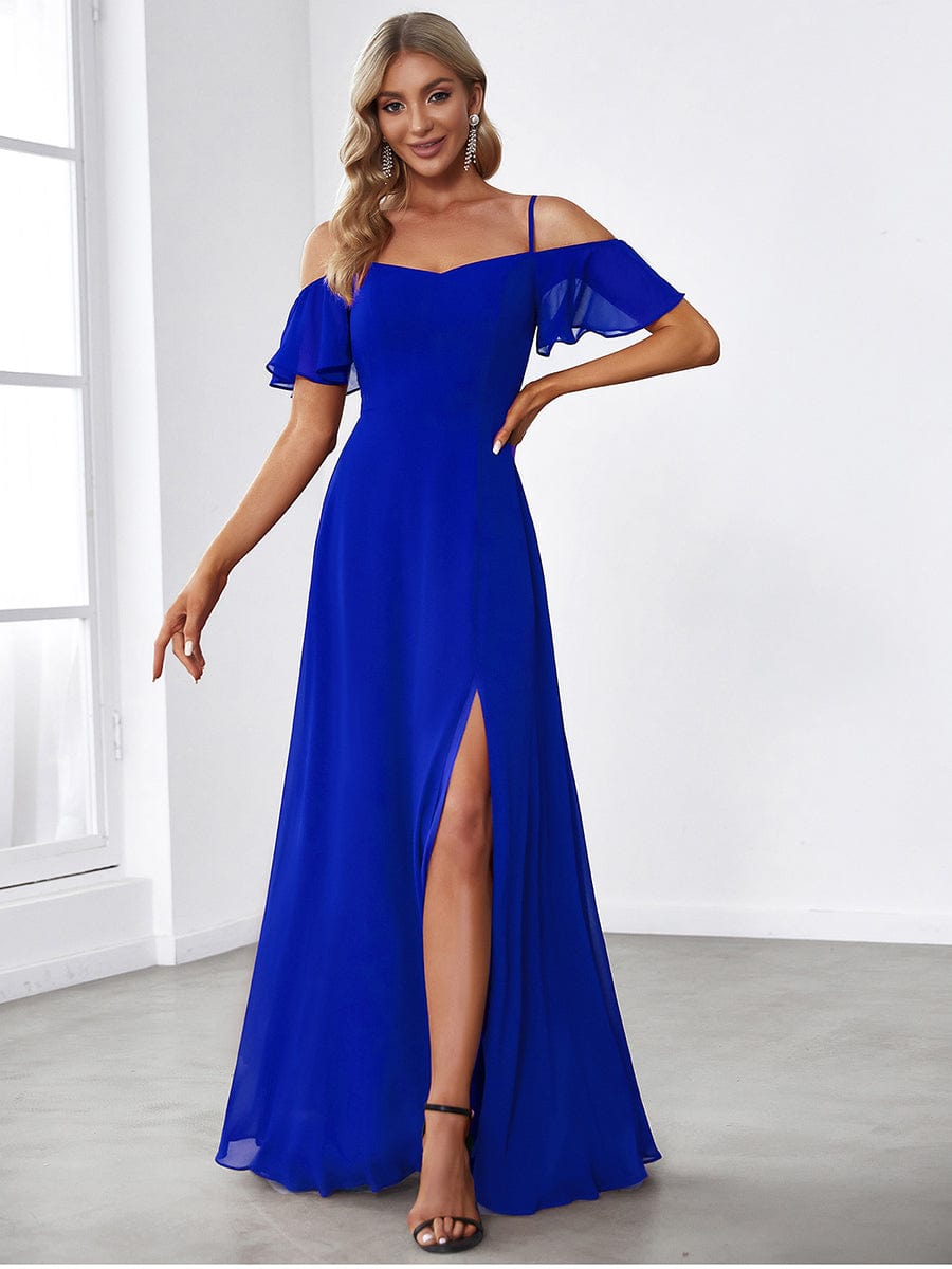 ever REYA|Off Shoulder High Slit Chiffon Flowy Bridesmaid Dress