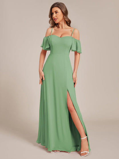 ever REYA|Off Shoulder High Slit Chiffon Flowy Bridesmaid Dress
