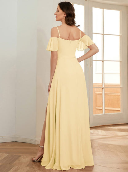 ever REYA|Off Shoulder High Slit Chiffon Flowy Bridesmaid Dress