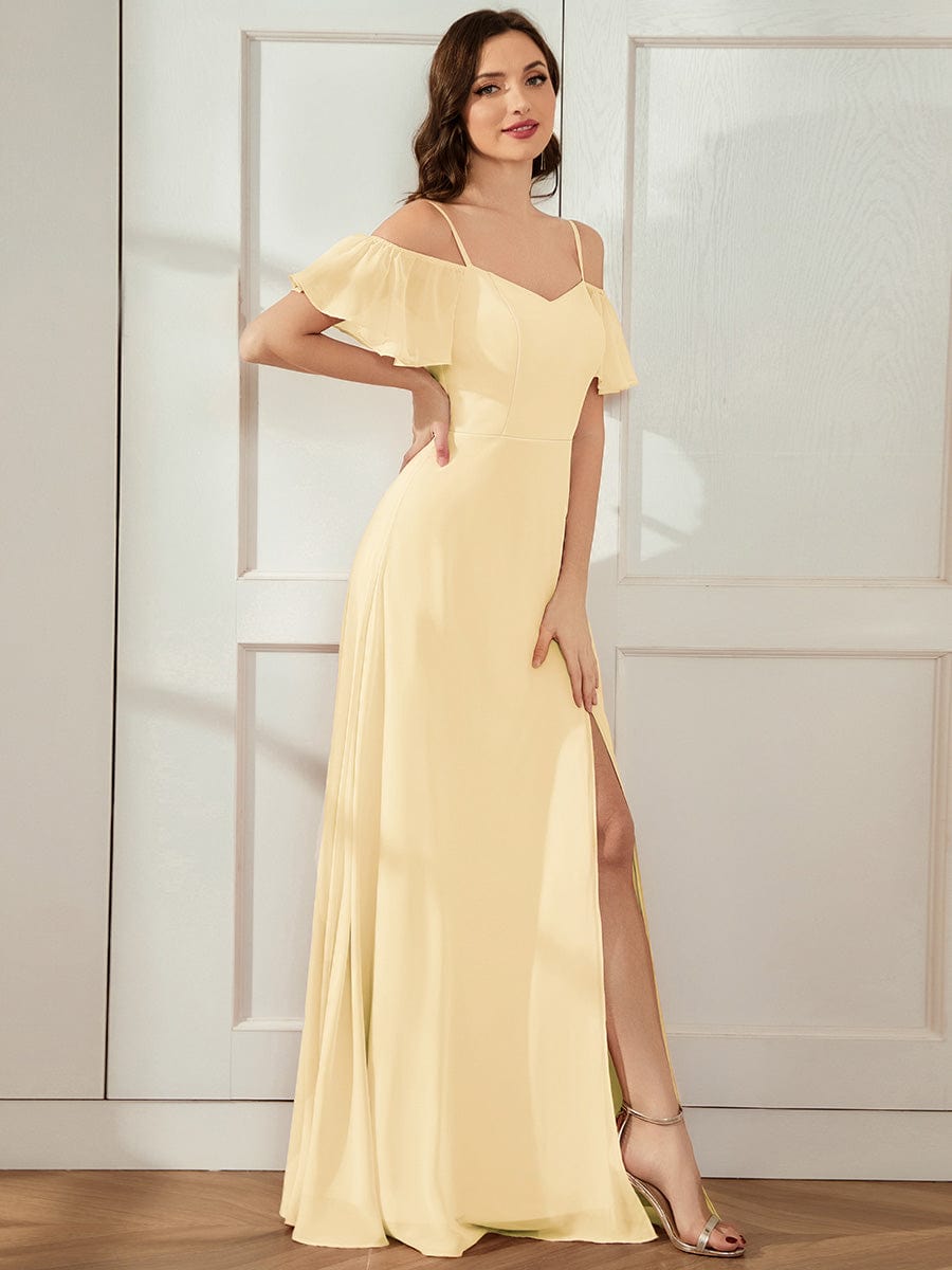 ever REYA|Off Shoulder High Slit Chiffon Flowy Bridesmaid Dress