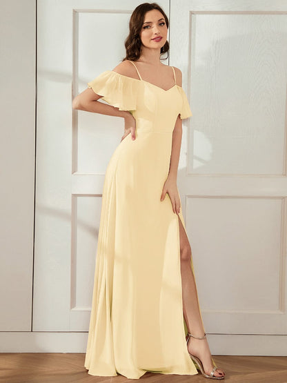ever REYA|Off Shoulder High Slit Chiffon Flowy Bridesmaid Dress