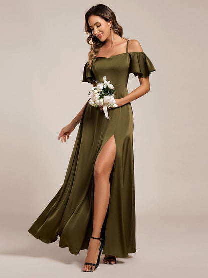 ever AUBREE|Short Sleeve Off Shoulder A-Line Satin Bridesmaid Dress