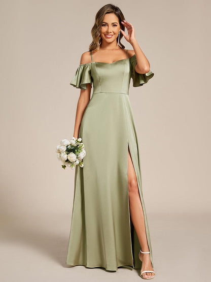 ever AUBREE|Short Sleeve Off Shoulder A-Line Satin Bridesmaid Dress