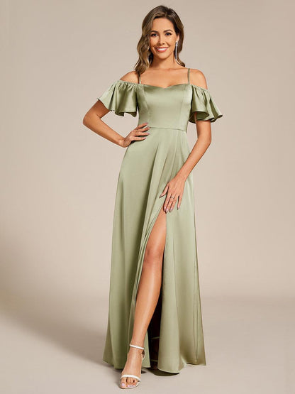 ever AUBREE|Short Sleeve Off Shoulder A-Line Satin Bridesmaid Dress
