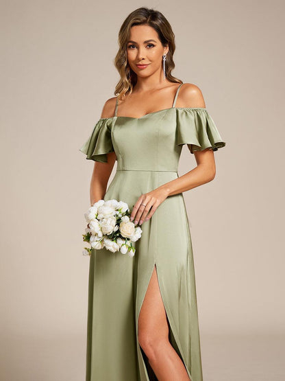 ever AUBREE|Short Sleeve Off Shoulder A-Line Satin Bridesmaid Dress
