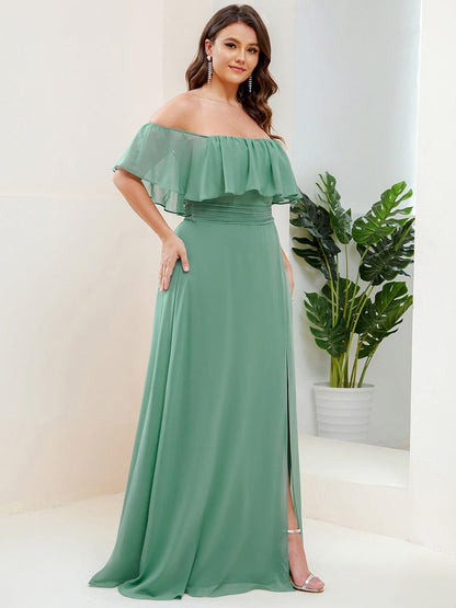 ever ÉMILE|Plus Size Off the Shoulder Formal Bridesmaid Dress with Thigh Split