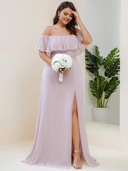 ever ÉMILE|Plus Size Off the Shoulder Formal Bridesmaid Dress with Thigh Split