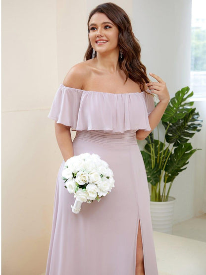 ever ÉMILE|Plus Size Off the Shoulder Formal Bridesmaid Dress with Thigh Split