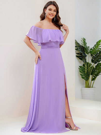 ever ÉMILE|Plus Size Off the Shoulder Formal Bridesmaid Dress with Thigh Split
