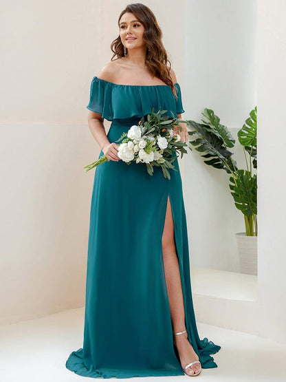 ever ÉMILE|Plus Size Off the Shoulder Formal Bridesmaid Dress with Thigh Split