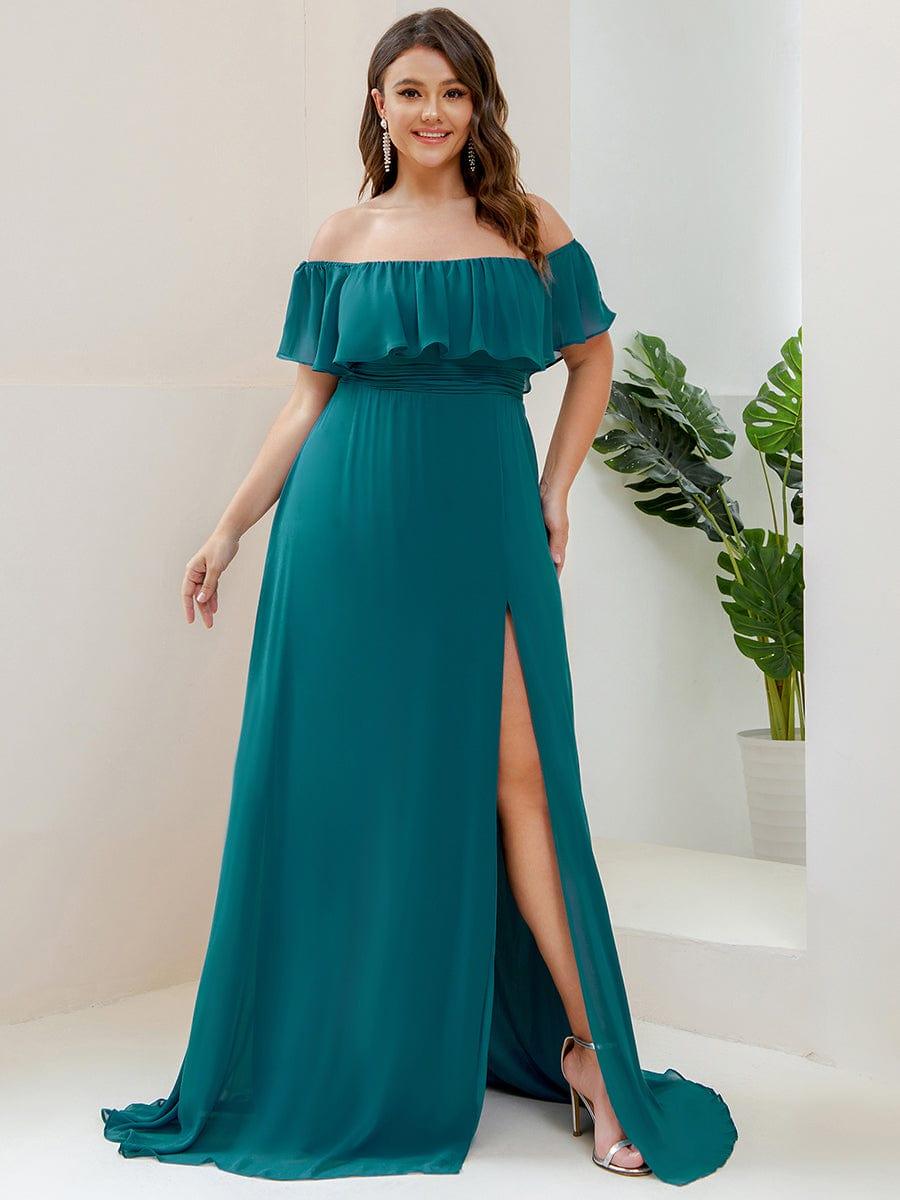 ever ÉMILE|Plus Size Off the Shoulder Formal Bridesmaid Dress with Thigh Split