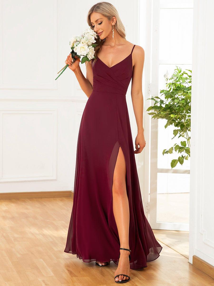 ever REN¨¦|Pleated V-Neck Spaghetti Strap High Slit Bridesmaid Dress