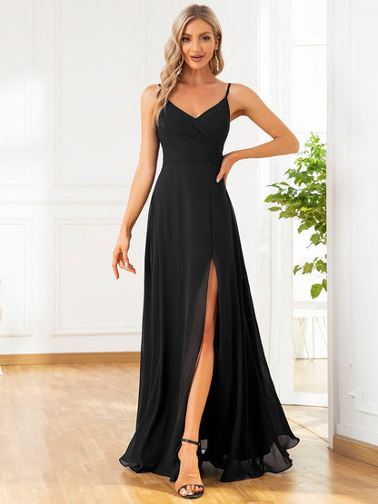 ever REN¨¦|Pleated V-Neck Spaghetti Strap High Slit Bridesmaid Dress