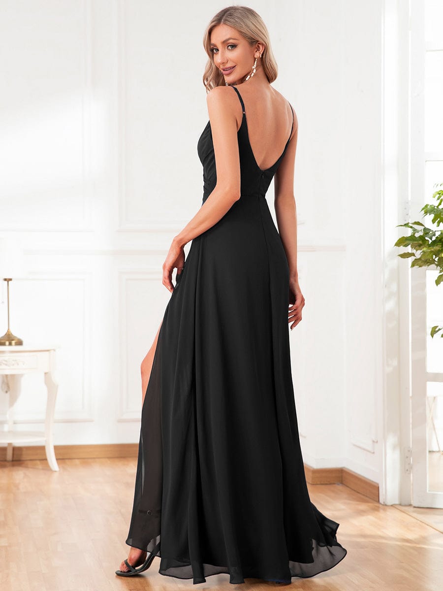 ever REN¨¦|Pleated V-Neck Spaghetti Strap High Slit Bridesmaid Dress