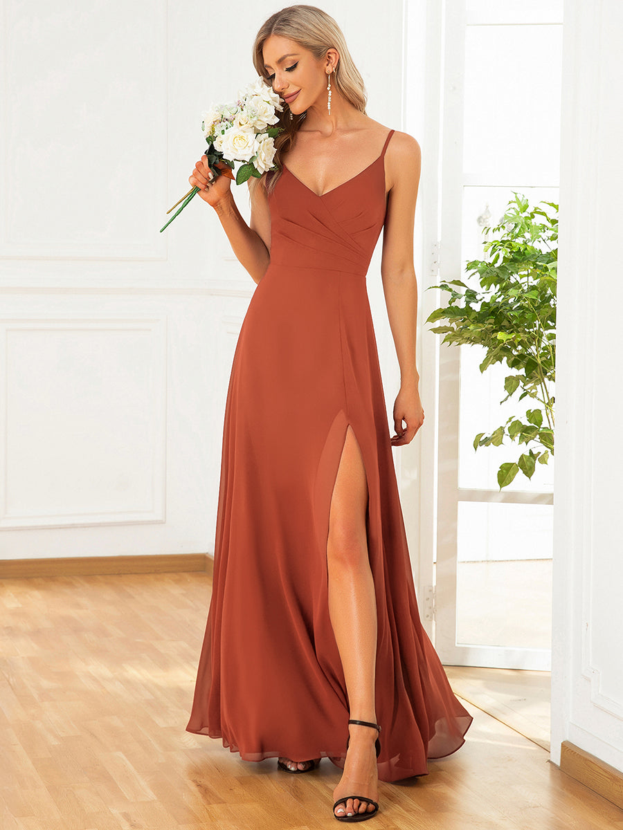 ever REN¨¦|Pleated V-Neck Spaghetti Strap High Slit Bridesmaid Dress