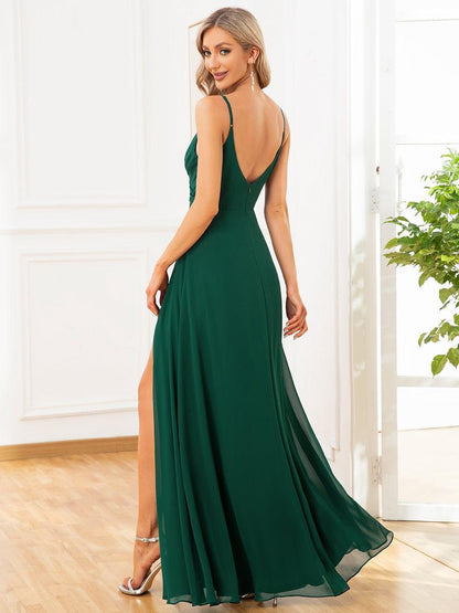 ever REN¨¦|Pleated V-Neck Spaghetti Strap High Slit Bridesmaid Dress