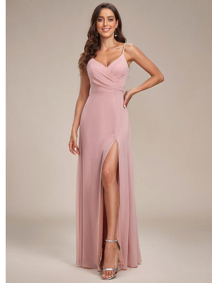ever REN¨¦|Pleated V-Neck Spaghetti Strap High Slit Bridesmaid Dress