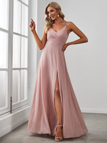 ever REN¨¦|Pleated V-Neck Spaghetti Strap High Slit Bridesmaid Dress