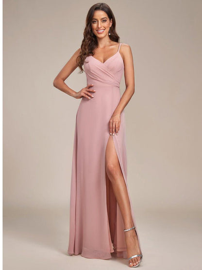 ever REN¨¦|Pleated V-Neck Spaghetti Strap High Slit Bridesmaid Dress