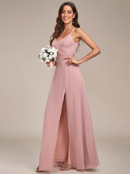 ever REN¨¦|Pleated V-Neck Spaghetti Strap High Slit Bridesmaid Dress