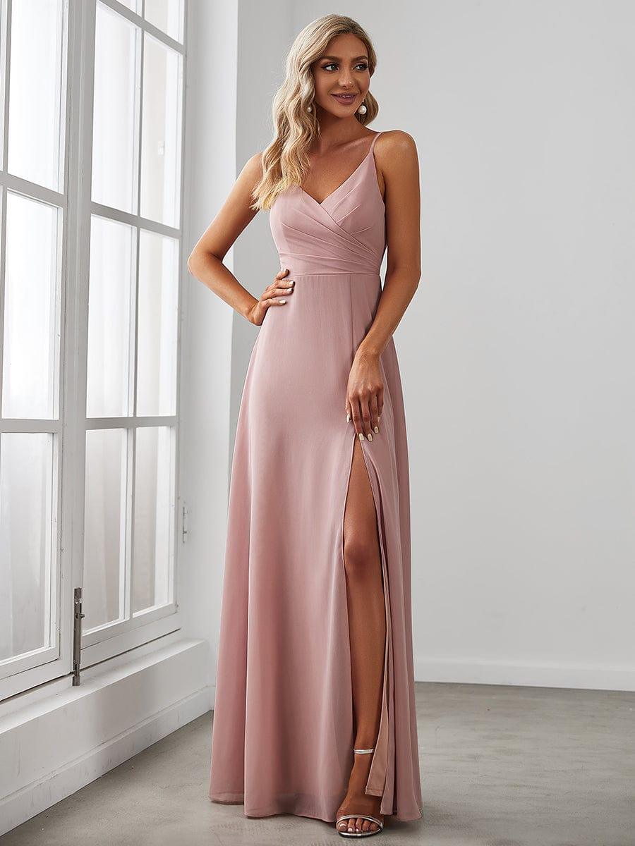 ever REN¨¦|Pleated V-Neck Spaghetti Strap High Slit Bridesmaid Dress