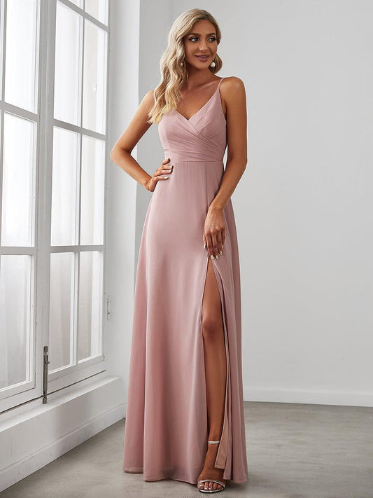 ever REN¨¦|Pleated V-Neck Spaghetti Strap High Slit Bridesmaid Dress