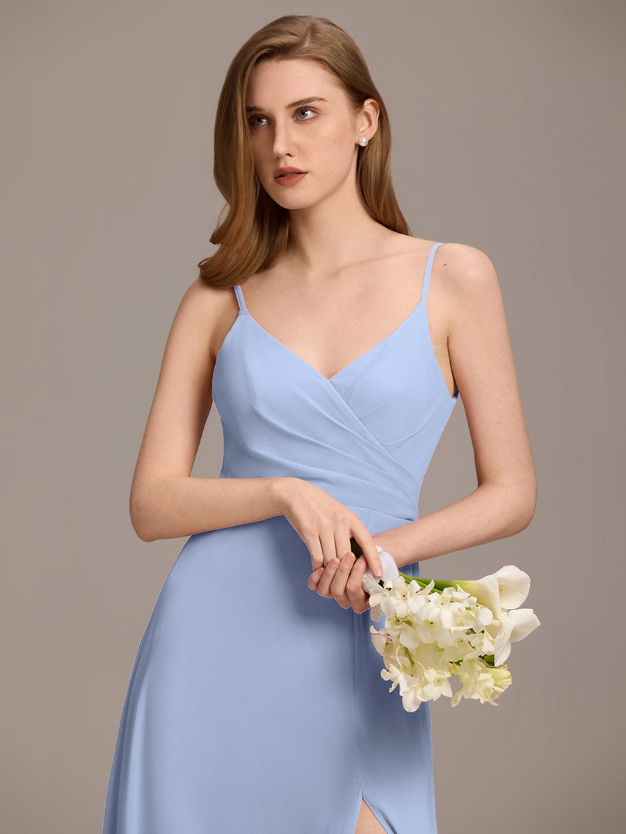 ever REN¨¦|Pleated V-Neck Spaghetti Strap High Slit Bridesmaid Dress