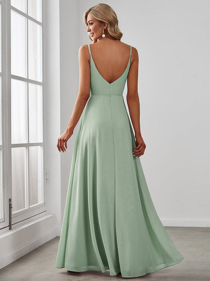 ever REN¨¦|Pleated V-Neck Spaghetti Strap High Slit Bridesmaid Dress