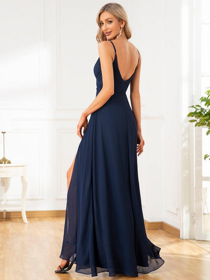 ever REN¨¦|Pleated V-Neck Spaghetti Strap High Slit Bridesmaid Dress