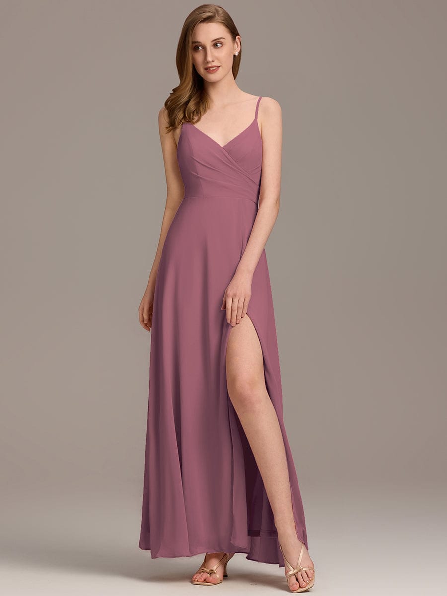 ever REN¨¦|Pleated V-Neck Spaghetti Strap High Slit Bridesmaid Dress
