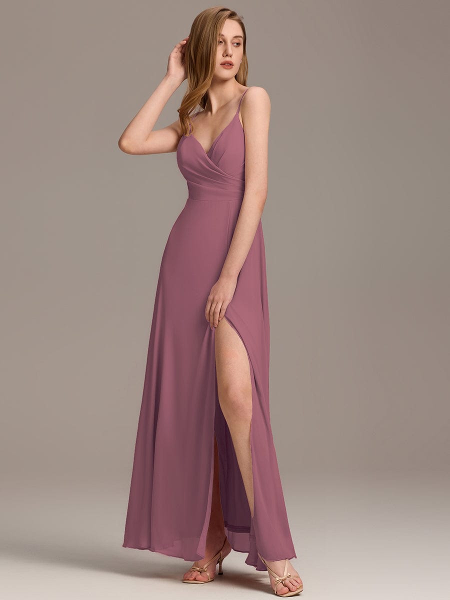 ever REN¨¦|Pleated V-Neck Spaghetti Strap High Slit Bridesmaid Dress