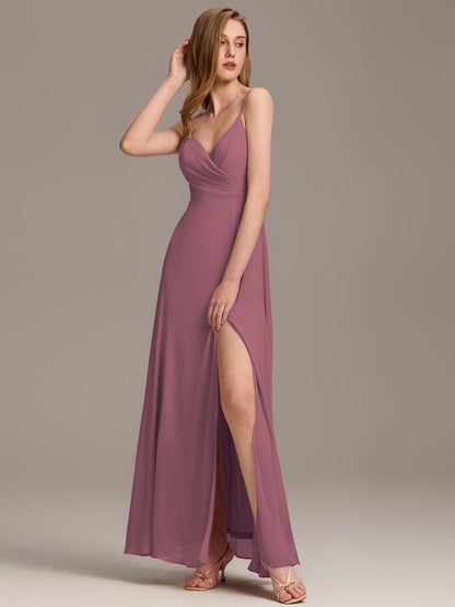 ever REN¨¦|Pleated V-Neck Spaghetti Strap High Slit Bridesmaid Dress