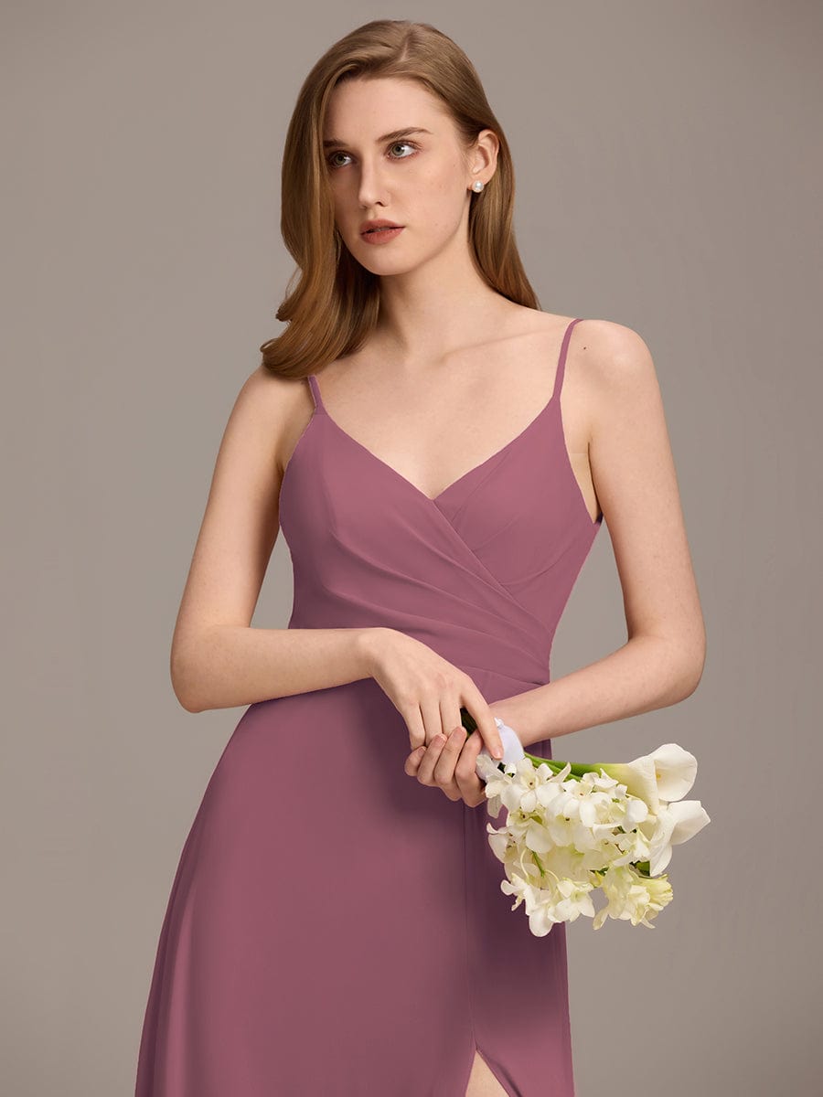 ever REN¨¦|Pleated V-Neck Spaghetti Strap High Slit Bridesmaid Dress