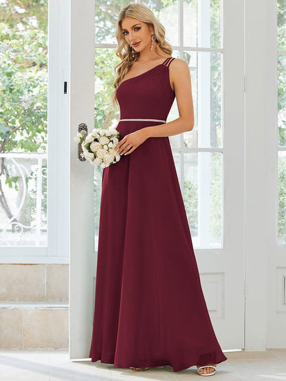 Flowy Chiffon One-Shoulder with Three Straps Bridesmaid Dress