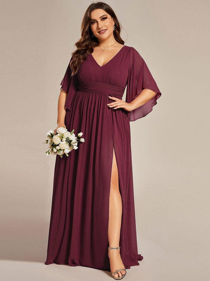 pretty ELYAN|Plus Size Half Sleeve Pleated A-Line V-Neck Chiffon Bridesmaid Dress