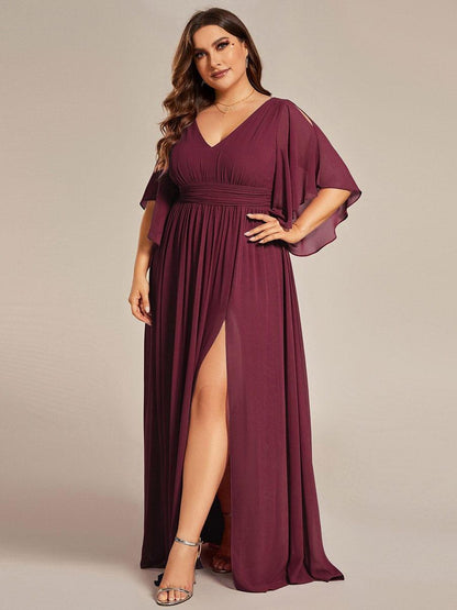 pretty ELYAN|Plus Size Half Sleeve Pleated A-Line V-Neck Chiffon Bridesmaid Dress