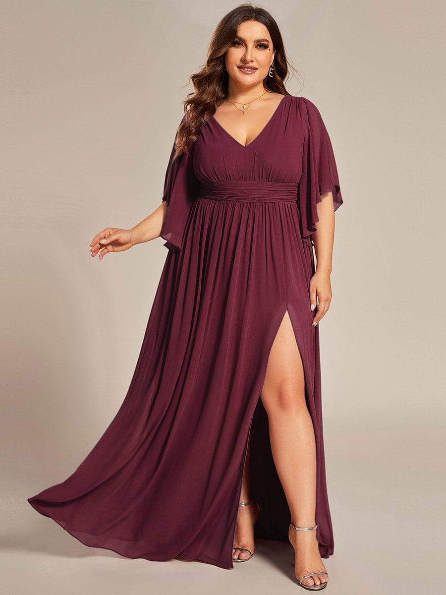pretty ELYAN|Plus Size Half Sleeve Pleated A-Line V-Neck Chiffon Bridesmaid Dress