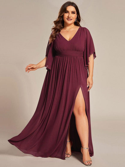 pretty ELYAN|Plus Size Half Sleeve Pleated A-Line V-Neck Chiffon Bridesmaid Dress