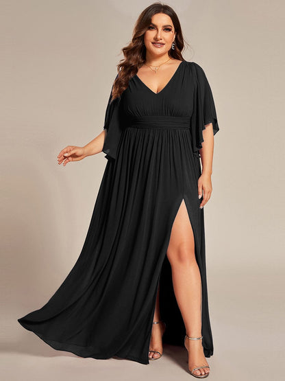 pretty ELYAN|Plus Size Half Sleeve Pleated A-Line V-Neck Chiffon Bridesmaid Dress