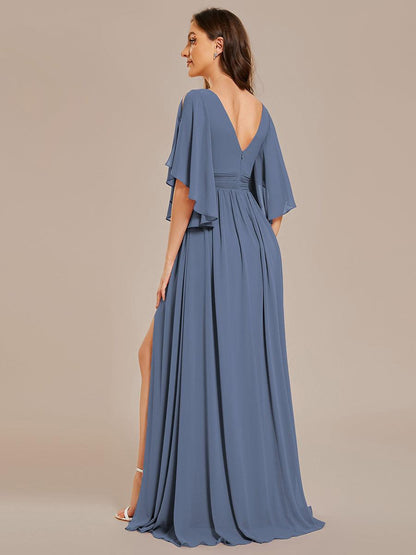 ever ELYAN|Half Sleeve V-Neck Pleated High Slit A-Line Chiffon Bridesmaid Dress