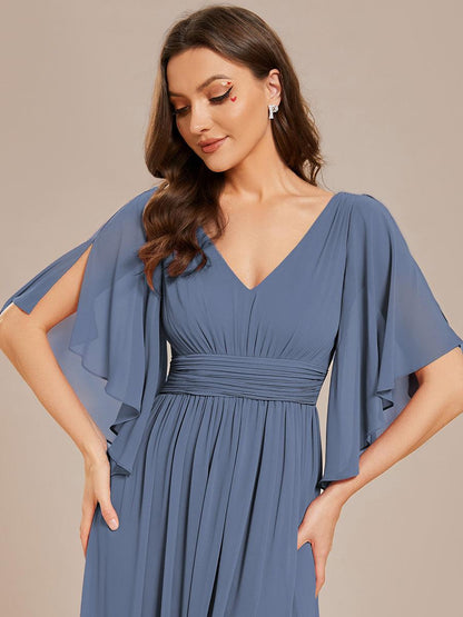 ever ELYAN|Half Sleeve V-Neck Pleated High Slit A-Line Chiffon Bridesmaid Dress