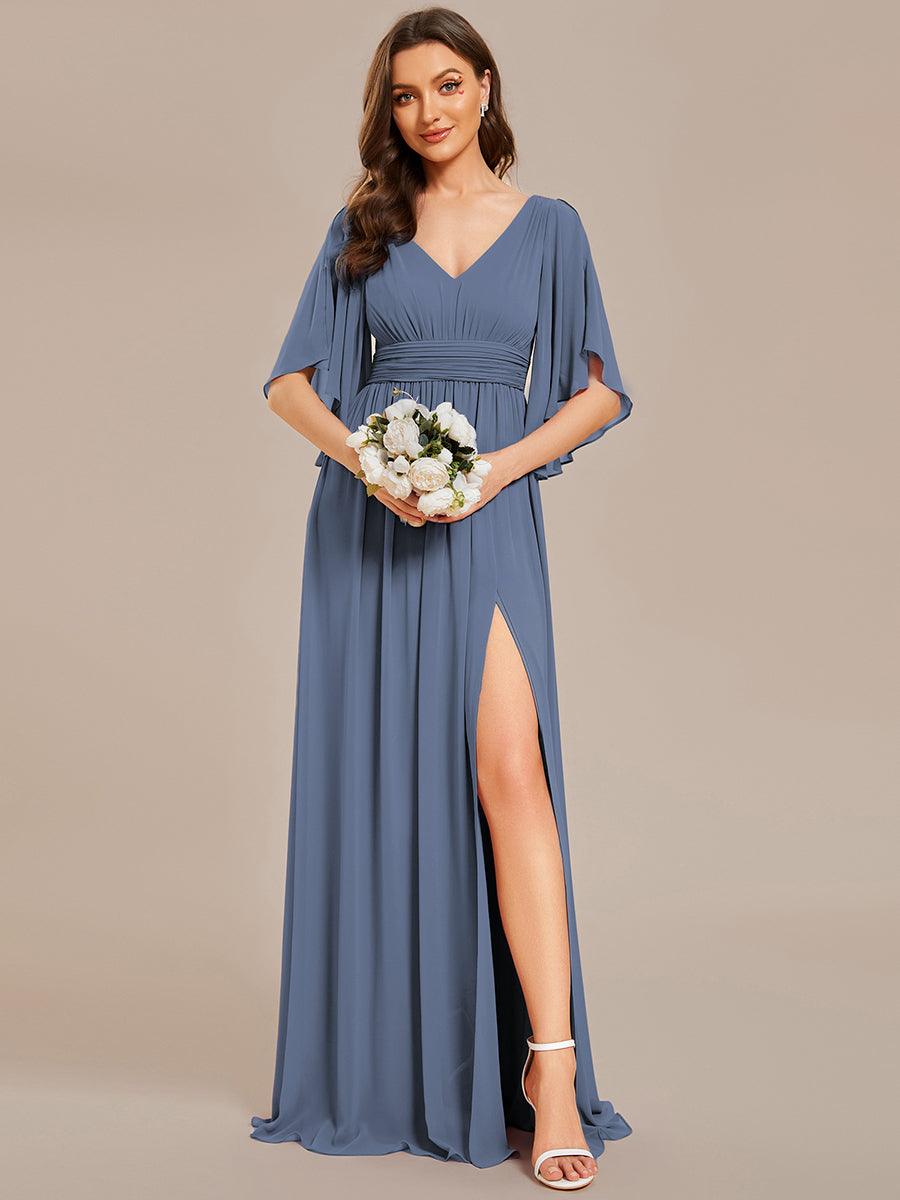 ever ELYAN|Half Sleeve V-Neck Pleated High Slit A-Line Chiffon Bridesmaid Dress