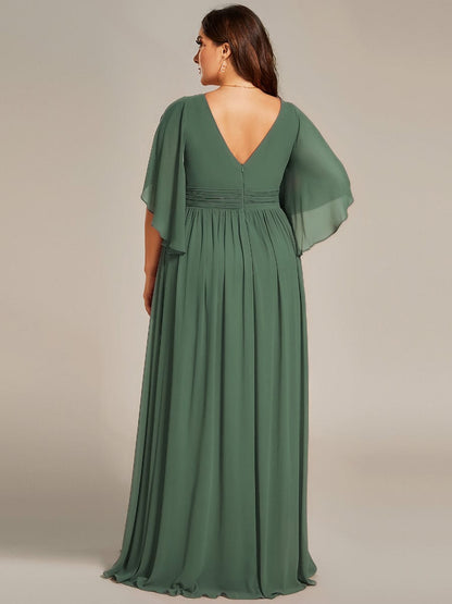 ever ELYAN|Half Sleeve V-Neck Pleated High Slit A-Line Chiffon Bridesmaid Dress