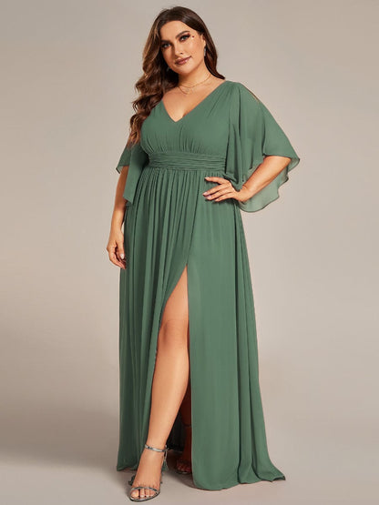 pretty ELYAN|Plus Size Half Sleeve Pleated A-Line V-Neck Chiffon Bridesmaid Dress