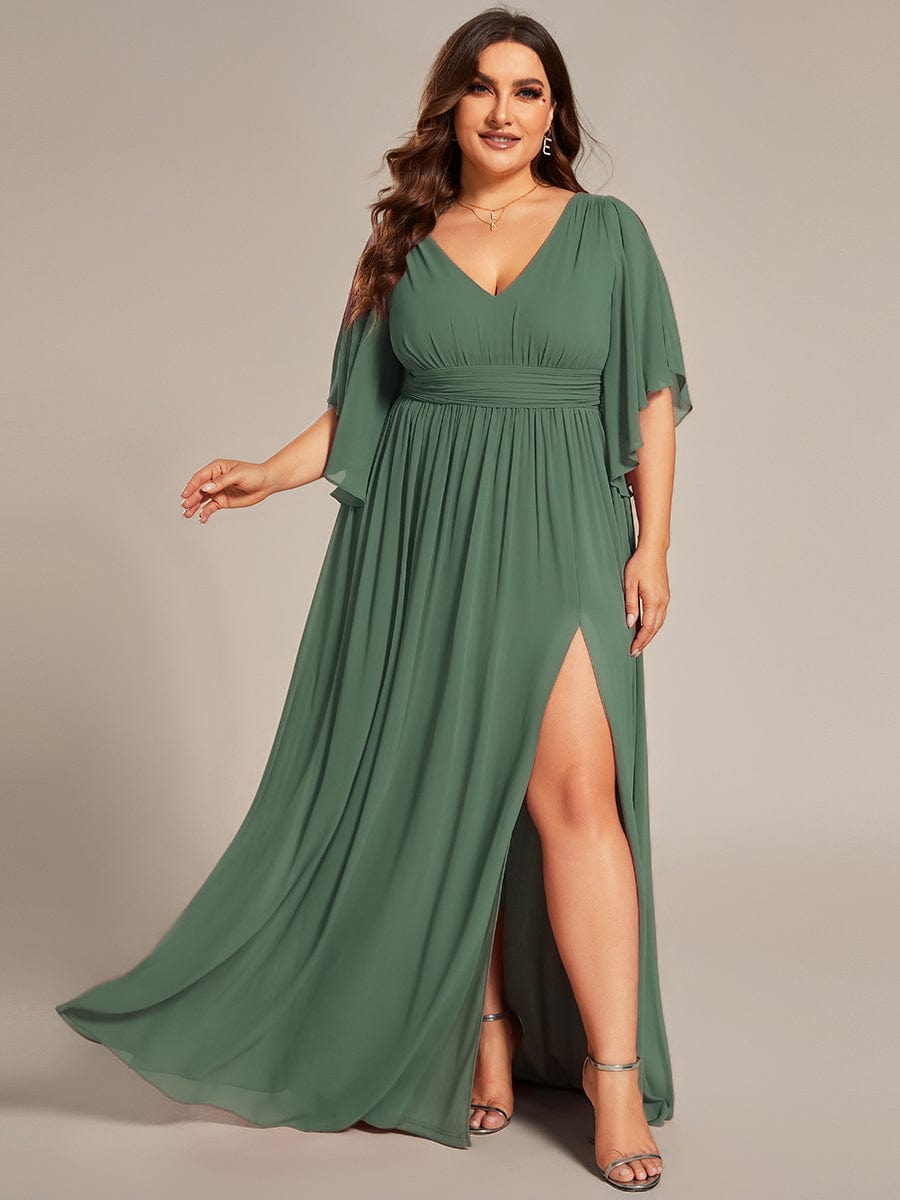 pretty ELYAN|Plus Size Half Sleeve Pleated A-Line V-Neck Chiffon Bridesmaid Dress