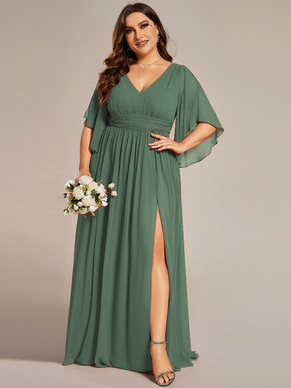 ever ELYAN|Half Sleeve V-Neck Pleated High Slit A-Line Chiffon Bridesmaid Dress
