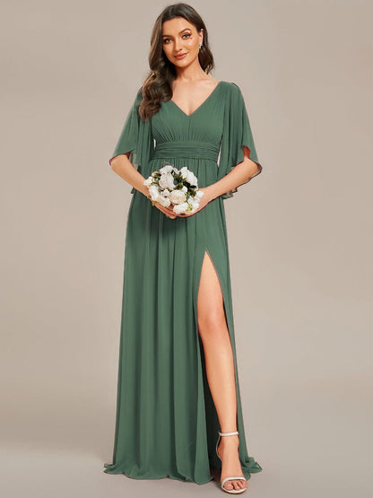 ever ELYAN|Half Sleeve V-Neck Pleated High Slit A-Line Chiffon Bridesmaid Dress