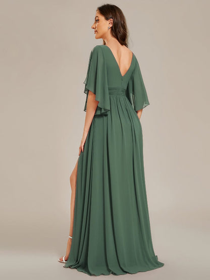 ever ELYAN|Half Sleeve V-Neck Pleated High Slit A-Line Chiffon Bridesmaid Dress